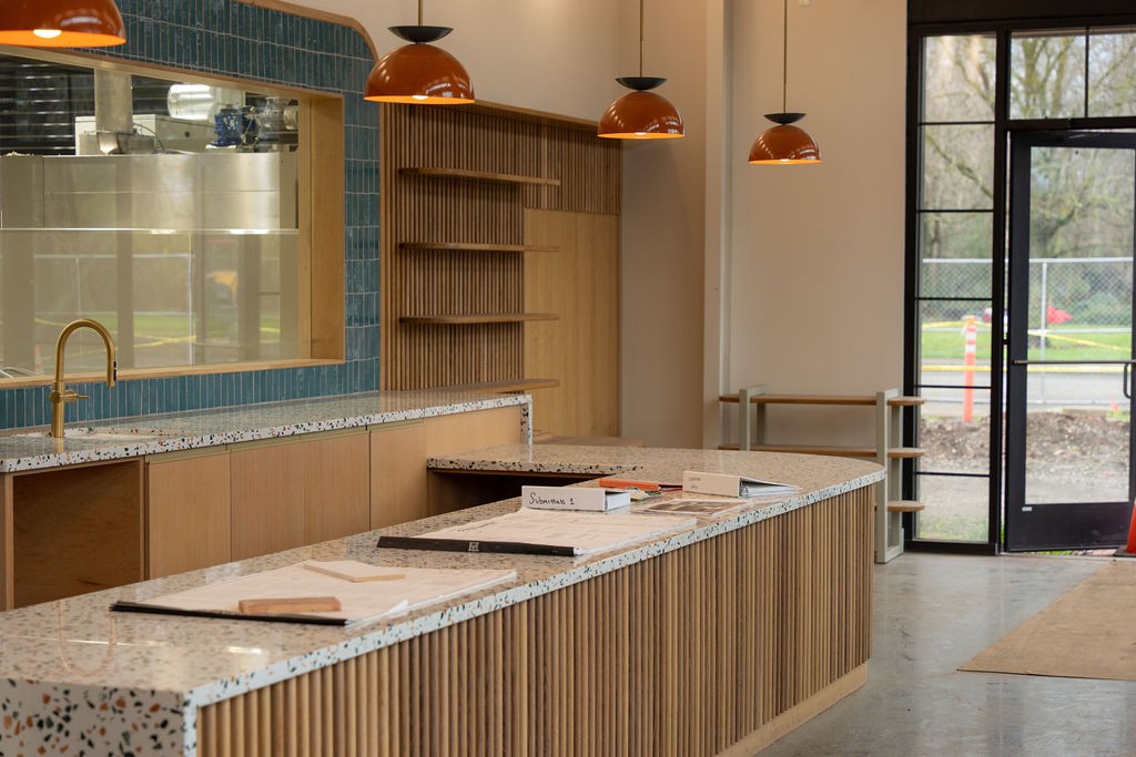 New cafe counter of wood and stone